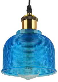GloboStar® SEGRETO 01452 Vintage Κρεμαστό Φωτιστικό Οροφής Μονόφωτο 1 x E27 Μπλε Γυάλινο Διάφανο Καμπάνα με Χρυσό Ντουί Φ14 x Υ18cm