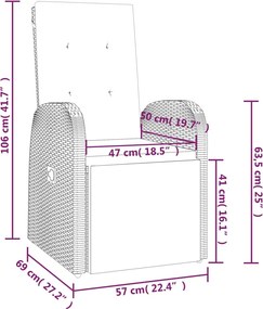 vidaXL Πολυθρόνα Κήπου Ανακλινόμενη Γκρι Συνθετικό Ρατάν με Μαξιλάρι