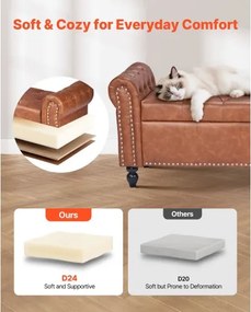 VEVOR Button-Tufted Storage Ottoman Bench Rolled Arm PU Leather Wood Legs Brown