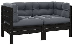 vidaXL Καναπές Κήπου Διθέσιος Μαύρος Μασίφ Ξύλο Πεύκου με Μαξιλάρια