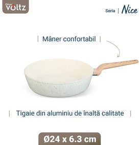 Βαθύ τηγάνι Voltz Nice OV54419E24D, 24x6.3 cm, Μαρμάρινο φινίρισμα, Επαγωγή, Κρέμα μελανζέ