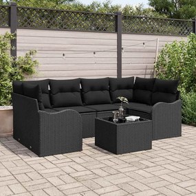 vidaXL Σετ Καναπέ Κήπου 7 pcs Μαύρο Πολυεστέρας, Ρατάν και Γυαλί