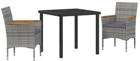 vidaXL Σέτ φαγητού για κήπο με μαξιλάρι 3 pcs Γκρι Πολυ ράταν