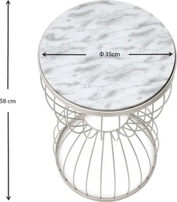 Τραπεζάκι βοηθητικό Pino Megapap μεταλλικό - Mdf χρώμα λευκό - λευκό εφέ μαρμάρου 35x35x58εκ.