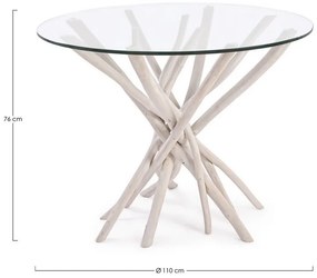 Στρογγυλό  Γυάλινο Τραπέζι με ξύλινη βάση 110x110