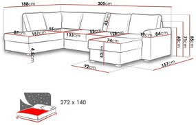 Γωνιακός Καναπές Comfivo 189, Λειτουργία ύπνου, Αποθηκευτικός χώρος, 305x188x85cm, 147 kg, Πόδια: Ξύλο | Epipla1.gr