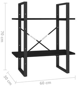 Βιβλιοθήκη με 2 Ράφια Μαύρη 60x30x70 εκ. από Μασίφ Ξύλο Πεύκου - Μαύρο