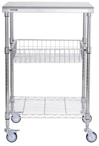 VEVOR Kitchen Utility Cart, 3 Tiers, Wire Rolling Cart with 470LBS Capacity, Steel Service Cart on Wheels, Metal Storage Trolley with 76mm Basket Curved Handle PP Liner 6 Hooks, for Indoor and Outdoor