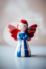 Intra Συλλεκτικό Ξύλινο Παζλ Plywood  4mm - Κεραμικό ειδώλιο αγγέλου κόκκινο, λευκό και μπλε Σε Ξύλινο Κουτί - Διαστάσεις: 10x10 cm – 25 κομμάτια