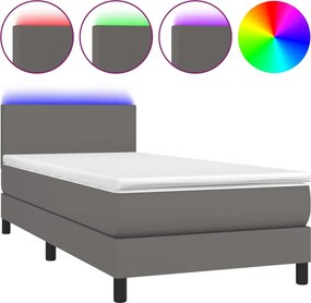 vidaXL Κρεβάτι Boxspring με Στρώμα &amp; LED Γκρι 90x190 εκ. Συνθ. Δέρμα