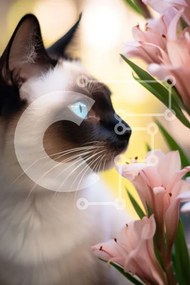 Σετ των 2 Intra Συλλεκτικό Ξύλινο Παζλ Plywood 4mm - Σιαμέζικη γάτα με μπλε μάτια και ροζ λουλούδια Σε Ξύλινο Κουτί - Διαστάσεις: 10x10 cm – 25 κομμάτια