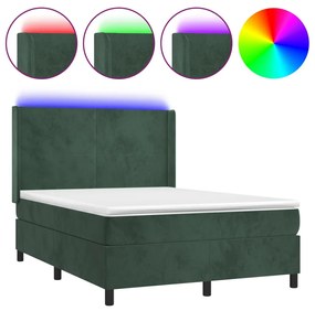 vidaXL Κρεβάτι Boxspring με Στρώμα & LED Σκ. Πράσινο 140x190εκ Βελούδο