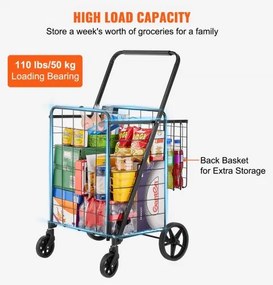 VEVOR Folding Shopping Cart, Jumbo Grocery Cart with Double Baskets, 360° Swivel Wheels, Heavy Duty Utility Cart, 110 LBS Large Capacity Utility Cart for Laundry, Shopping, Grocery, Luggage