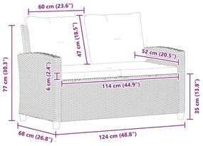 vidaXL Καναπές Κήπου Διθέσιος Μαύρος 124 εκ. Συνθ. Ρατάν με Μαξιλάρια