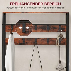 Κρεμάστρα HOMCOM με παπουτσοθήκη, βάση παλτών με πάγκο, 10 γάντζους, 2 υφασμάτινα συρτάρια, ράβδο ρούχων, μοριοσανίδα, μέταλλο, καφέ