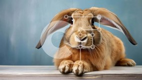 Intra Συλλεκτικό Ξύλινο Παζλ Plywood  4mm - Περίεργο κουνέλι που κάθεται στο ξύλινο τραπέζι Σε Ξύλινο Κουτί - Διαστάσεις: 10x10 cm – 25 κομμάτια