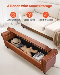 VEVOR Button-Tufted Storage Ottoman Bench Rolled Arm PU Leather Wood Legs Brown