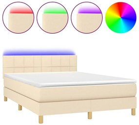 Κρεβάτι Boxspring με Στρώμα &amp; LED Κρεμ 140x200 εκ. Υφασμάτινο - Κρεμ