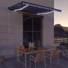vidaXL Χειροκίνητη τέντα με ηλιακό LED 4 x 3 m Μπλε και Λευκή Ράβδος