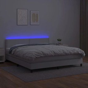 Κρεβάτι Boxspring με Στρώμα &amp; LED Λευκό 160x200 εκ. Συνθ. Δέρμα - Λευκό