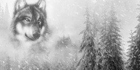 Εικόνα ενός λύκου σε ένα χιονισμένο τοπίο σε μαύρο & άσπρο - 120x60