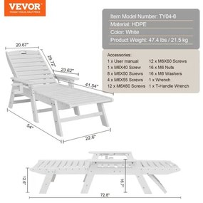 VEVOR Chaise Lounge Chair, 181 kg Weight Capacity, 6 Positions Adjustable Patio Lounge Chair, Outdoor HDPE Lounge Chair with Backrest &amp; Cup Holder, for Pool Poolside Deck Backyard Lawn, White