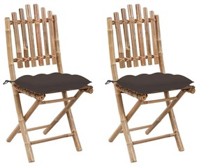 Καρέκλες Κήπου Πτυσσόμενες 2 τεμ. από Μπαμπού με Μαξιλάρια - Μπεζ-Γκρι
