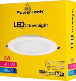 POWERTECH LED φωτιστικό downlight PT-1558, 5W, Φ100x25mm, 4000K, 425lm, λευκό