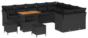 vidaXL 12 τεμαχίων Σετ Καναπέ Κήπου με Μαξιλάρια Μαύρο Πολυ Ράτανα Ακακία