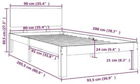 Πλαίσιο Κρεβατιού 90 x 200 εκ. από Μασίφ Ξύλο Πεύκου - Καφέ