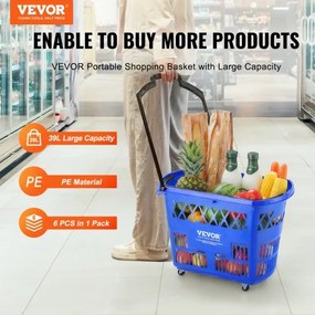 VEVOR Plastic Rolling Shopping Trolley Basket On Wheels 6PCS 39L with Handle