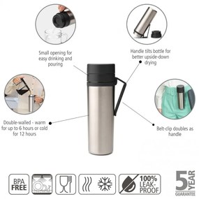 Μπουκάλι θερμότητας Brabantia Make&Take 1008487, 500 ml, διπλά τοιχώματα, χωρίς BPA, Inox/σκούρο γκρι