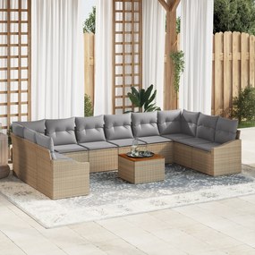 vidaXL 11 τεμάχια σετ καναπέ κήπου με μαξιλάρια μπεζ από πολυ ρατάν