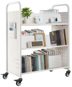 VEVOR 3-Tier Rolling Book Cart Double Sided W-Shaped Shelves Book Truck in White