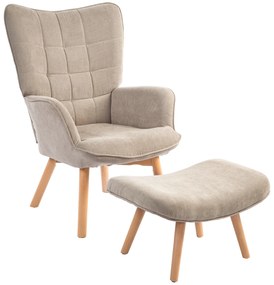 HOMCOM Πολυθρόνα με υποπόδιο, πολυθρόνα σε υφή κοτλέ, πολυθρόνα με ξύλινα πόδια, για σαλόνι, ανοιχτό καφέ