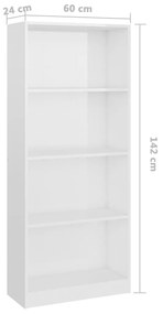 Βιβλιοθήκη με 4 Ράφια Γυαλιστερό Λευκό 60x24x142 εκ Επεξ. Ξύλο - Λευκό