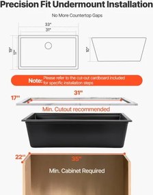 VEVOR 84 cm Granite Kitchen Sink Undermount Single Bowl Drop-In Basin for RV Bar