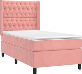 vidaXL Κρεβάτι Boxspring με Στρώμα Ροζ 90x200 εκ. Βελούδινο