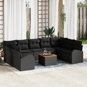 vidaXL Σετ καναπέ κήπου 10 pcs Μαύρο Μεγάλο Ρατάν, Ξύλο, Ύφασμα