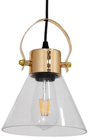 JAVER 00935 Vintage Κρεμαστό Φωτιστικό Οροφής Μονόφωτο Διάφανο Γυάλινο Καμπάνα με Χρυσό Ντουί Φ19 x Υ25cm
