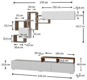 Σύνθεση τηλεόρασης Stamatia Megapap από μελαμίνη χρώμα λευκό - καρυδί 210x36,8x46,8εκ.