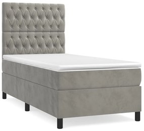 vidaXL Κρεβάτι Boxspring με Στρώμα Ανοιχτό Γκρι 90x190 εκ. Βελούδινο