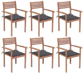 Καρέκλες Κήπου Στοιβαζ. 6 τεμ. από Μασίφ Ξύλο Teak με Μαξιλάρια - Ανθρακί