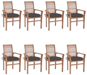 Καρέκλες Τραπεζαρίας 8 τεμ. Μασίφ Ξύλο Teak &amp; Ανθρακί Μαξιλάρια