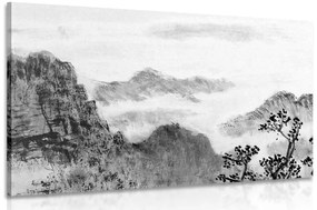 Εικόνα μιας παραδοσιακής κινέζικης ζωγραφικής τοπίων σε ασπρόμαυρο