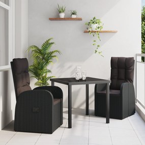 vidaXL Σετ τραπεζαρίας κήπου 3 τεμαχίων με μαξιλάρια Μαύρο Πολυ ράταν
