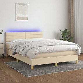 vidaXL Κρεβάτι Boxspring με Στρώμα & LED Κρεμ 140x200 εκ. Υφασμάτινο