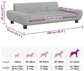 vidaXL Κρεβάτι Σκύλου Ανοιχτό Γκρι 100 x 54 x 33 εκ. Βελούδινο