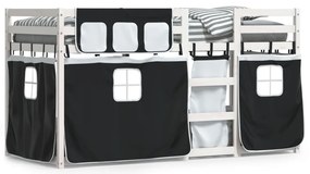 vidaXL Κουκέτα με Κουρτίνες Λευκό/Μαύρο 90x190 εκ. Μασίφ Ξύλο Πεύκου
