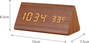 Ξύλινο Τριγωνικό Ψηφιακό Ρολόι με οθόνη LED, Ξυπνητήρι, Θερμόμετρο - Καφέ
